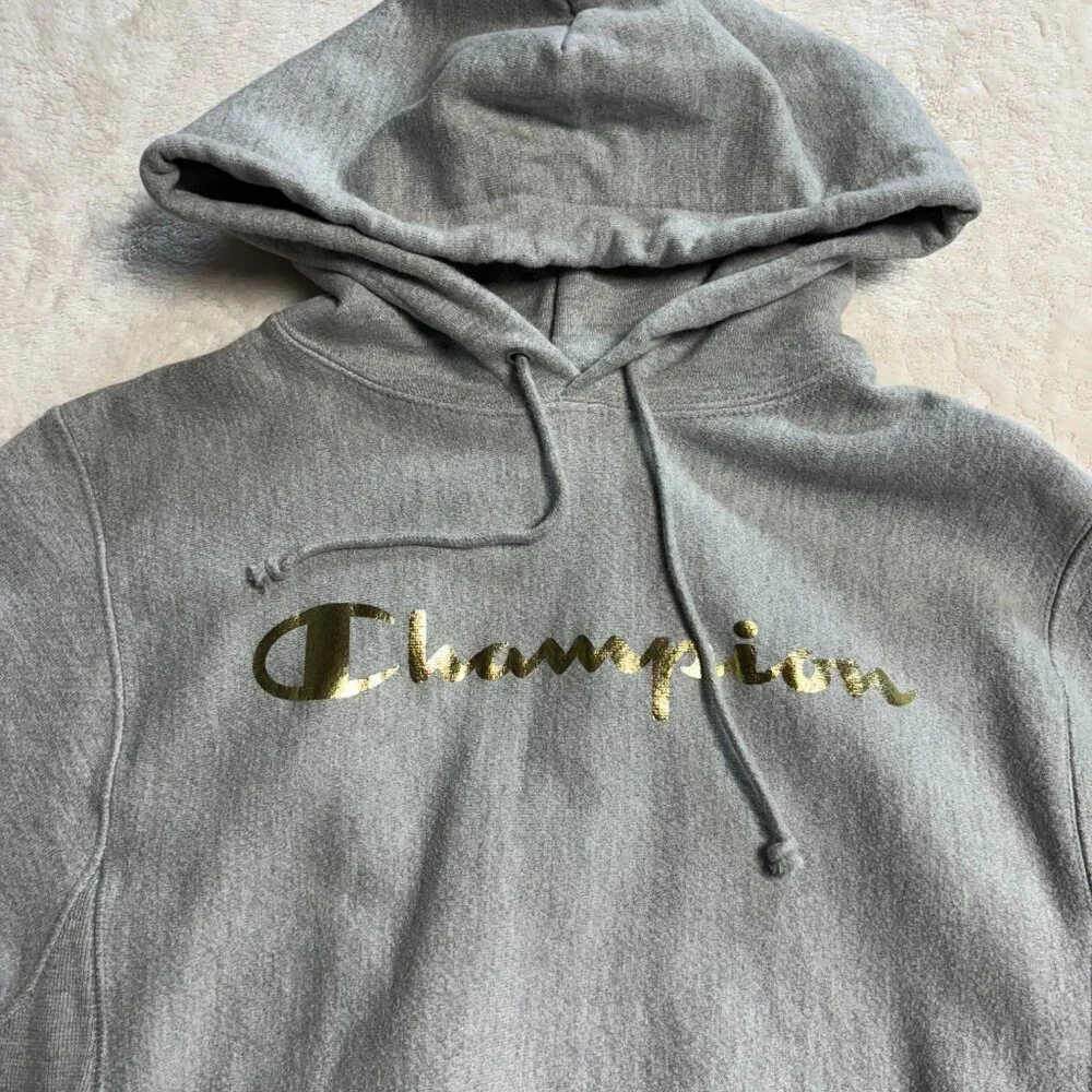 Champion Mens Reverse Weave Hoodie Small‎ Pullover Grey with Gold Lettering